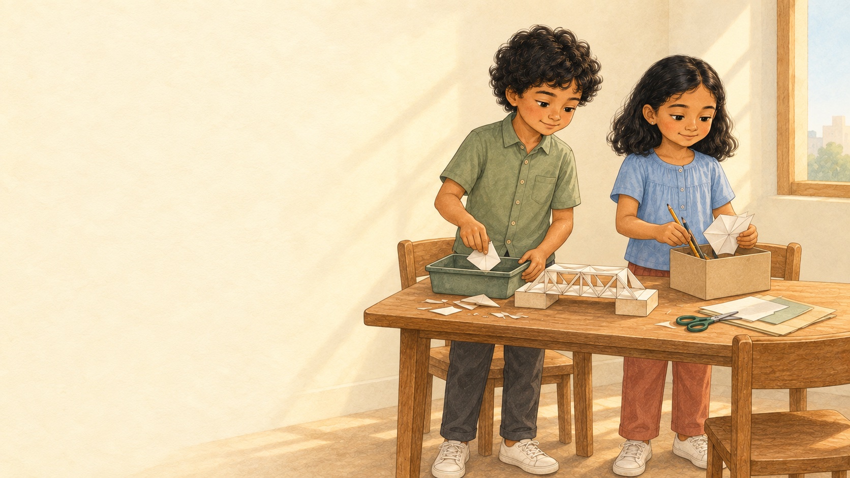 Nihaar and Tara taking responsibility for tidying their materials.