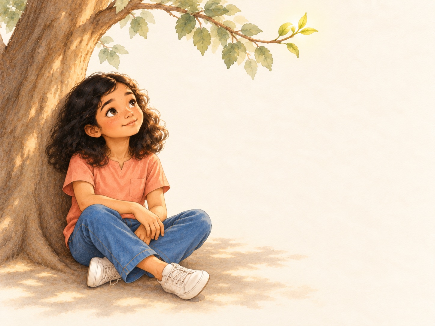 Tara rests beside a tree, quietly noticing a fresh shoot catching the sunlight.